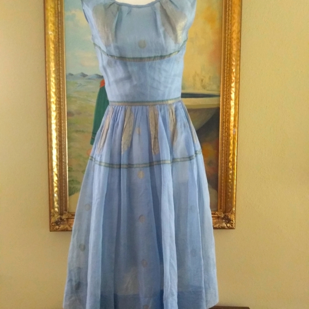Vintage Adele Simpson Chiffon Wedgewood Blue with Gold Dress-Small